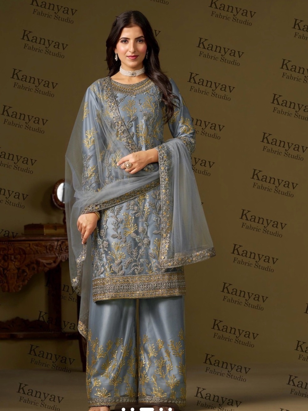 Steel Blue Embroidered Wide Leg Salwar Set